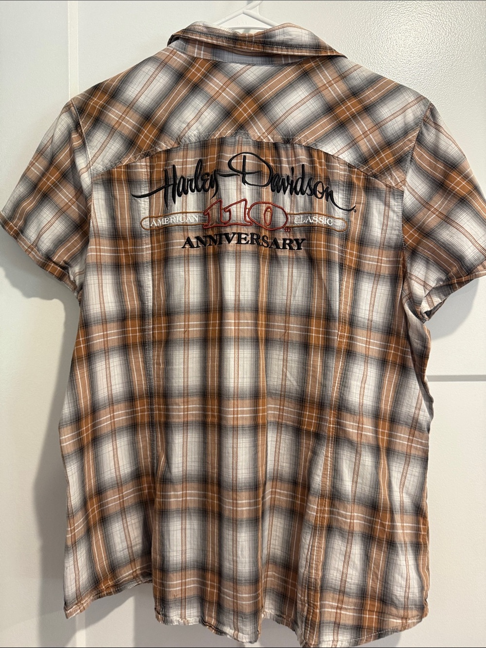 Harley-Davidson Brown and Gray Plaid Short-Sleeve Button-Down Shirt - Picture 6 of 6